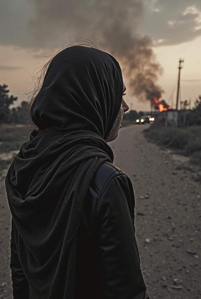 dark aesthetic photo, an Iranian girl amidst a chaotic street protest in Tehran, The scene is filled with tension and unrest, as flames from fire flares illuminate the night sky in the background. Standing boldly on the roof of a car.
