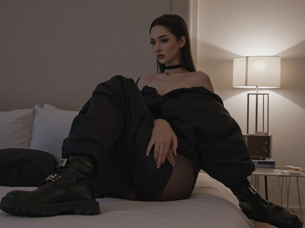 (((a sexy woman with long black hair))), (((1girl)))), (((solo girl))),  Scenery of a luxurious room in the palace, huge lights, luxurious lamps, crystal lamp, ((extremely long and voluminous hair)), ((very long and luxurious hair)), ((huge hair)), ((very long black hair)), (( (extremely detailed face)), ((Focus on the face)), ((very detailed makeup)), blue eyes, ((blue eyes)), ((pale white skin)), glowing skin,Detailed skin, rosy lips, rosy cheeks, perfect eyeliner, detailed eyeshadow, well-shaped eyebrows, delicate face, ((attractive face)), delicate feminine features, ((small nose)), ((ros Angelic face)), ((Wearing a black skirt)), ((black skirt with side slit)), ((black leather belt with Spikes on the skirt)), ((Cropped top with short sweatshirt, with long sleeves)), ((sweatshirt)), ((Black knitted gloves)), ((very detailed gloves)), ((e-girl style clothes)), ((Wearing fishnet stockings)), ((very detailed stockings)), very long hair, extremely detailed hair, ((focus on face)), ((Face highlighted)), ((highlighted white skin)), ((light skin)), ((highly detailed skin)),((body with lots of details)), ((slim waist)),((huge ass)), ((big ass)), ((extremely long dress)), ((very detailed black dress)), ((slim waist)), ((large breasts )), ((thick thighs)),((voluminous thighs)), ((Wide hips)), Karlie kloss appearance, Karlie Kloss face,, ((very detailed clothes)), ((many details)) ,((Black hair)), ((very black hair)), ((Huge and voluminous breasts)), ((silicone breasts)), ((large and soft breasts)), ((very thick thighs)), ((voluminous thighs)), ((Face in focus)), ((face close to the camera)), very detailed face)), ((Karlie kloss appearance)), ((Huge breasts)), ((highly detailed body)), ((lots of presence)), ((model pose)), ((posing for a photo)), ((close to the camera)), ((face in extreme focus )), ((extremely long, detailed hair)), ((focus on face)), ((detailed face)), ((lying on the bed)), (((Karlie kloss face))), ((detailed face)), ((focus on face)), ((face in focus)),