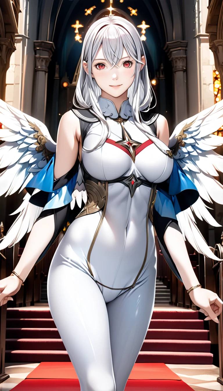 score_9, score_8_up, score_7_up, score_6_up, source anime,nero claudius \(bride\) \(fate\), nero claudius \(bride\) \(second ascension\) \(fate\), 1girl,masterpiece, best quality, highres, aanero, ahoge, veil, green eyes, chain, padlock, (white bodysuit:1.2), zipper, white gloves, belt, frills, white dress,center opening,unzipped,cleavage,navel, hand on hip , standing, waving, bench, smile, petals, rose petals,