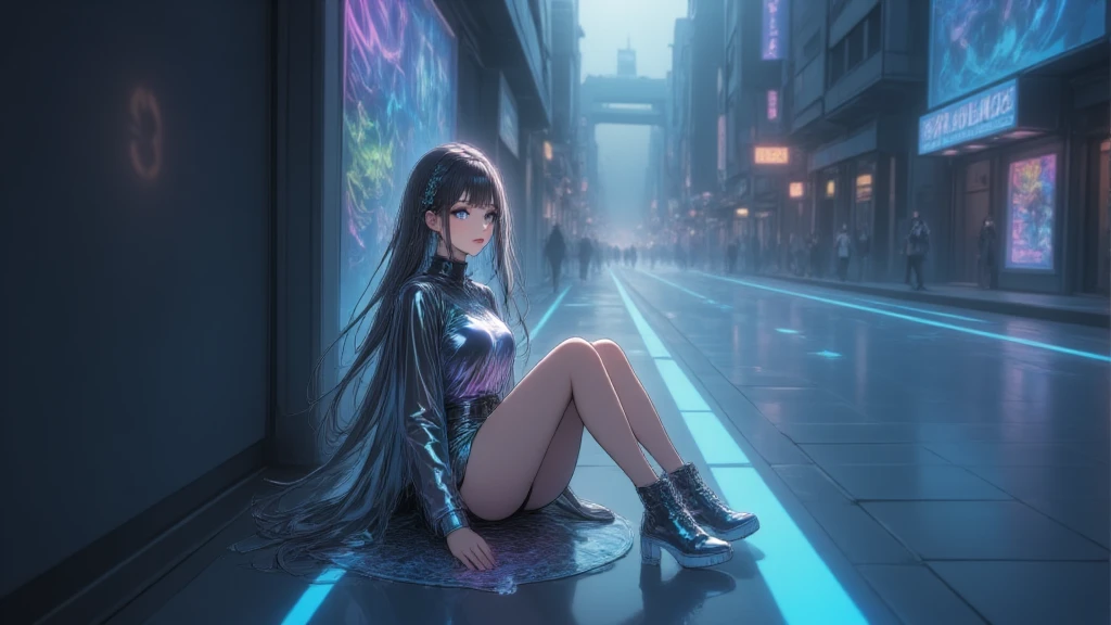 1girll， tmasterpiece，realisticlying，photorealestic，ultra - detailed，Blue long hair，16 yaers old，exquisite face，Dynamic light and shadow，A high resolution，Necklace of technological holograms，Korean girl，Korean version of the girl，Korean style makeup，pupil realistic，B cup，Cyberpunk-city，Street view illuminated by signs，the complex background，Petite loli，Seductive eyes，Cyber-style clothing，Clothes made of translucent materials，delicate leg，Skinny buttocks，see-through miniskirt，Barefoot，Alluring close-up of the whole body，The style of the as109 teacher