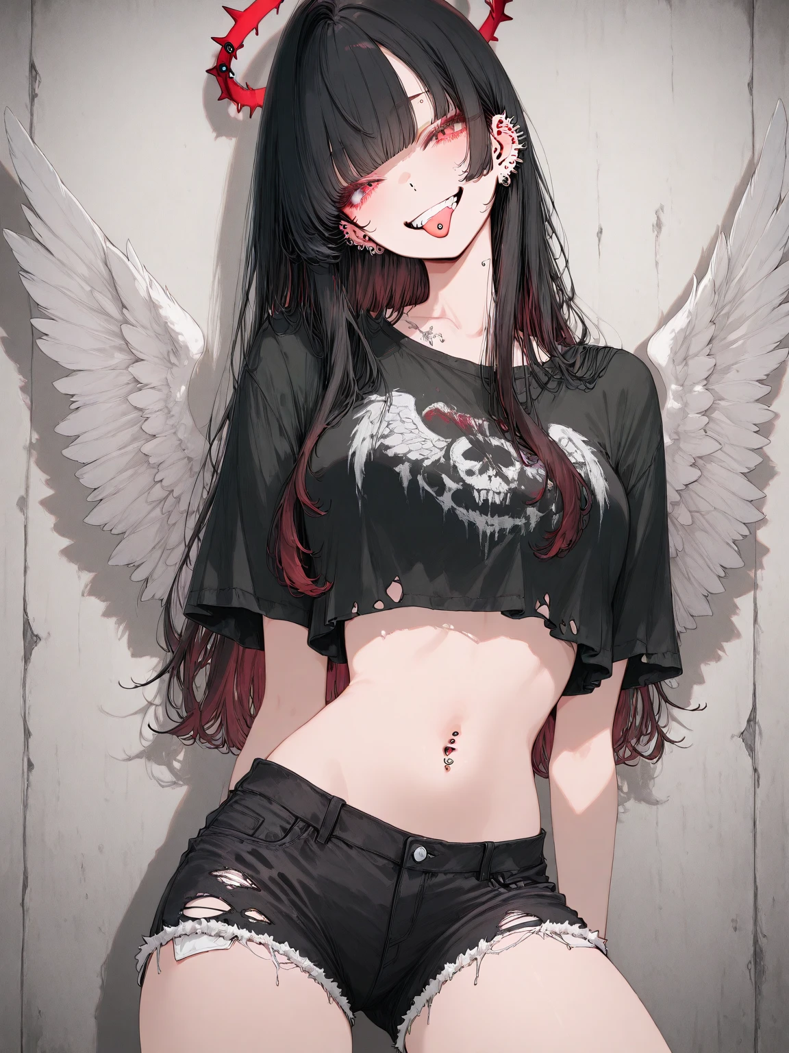 1girl, thick thighs, (black tube top:1.4), black highleg micro thong, (muscular abs:0.6), thigh strap, detailed face, looking at viewer, (wing embellishment, detailed pink feather:1.2), (long black hair, middle parted bangs), (modern abstract black kintsugi background), speakers, gigantic breasts,