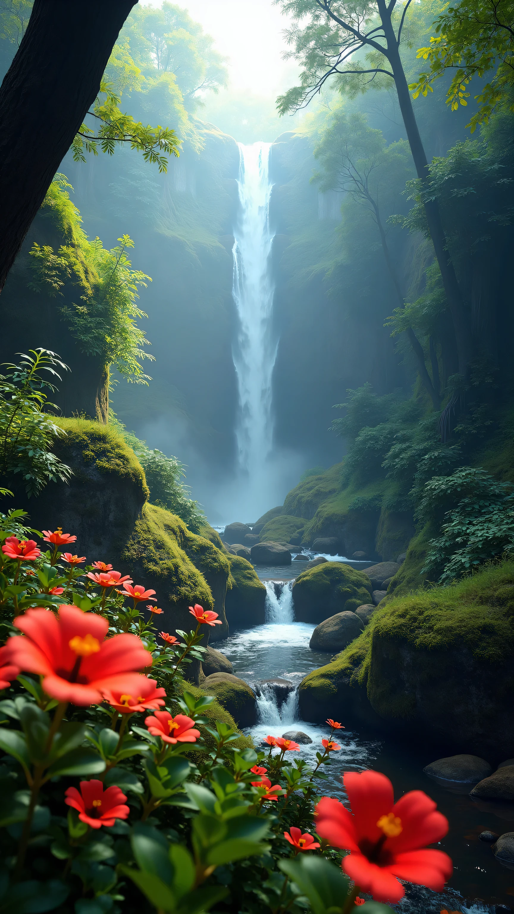  in high-definition images、Chroma V5、Bink Punk 、masterpiece、最high quality、high quality、very detailedなリアルな8k壁紙、Textured Scenery by Greg Staples、World's Most Beautiful Jungle Scenery Pictures、(Natural Scenery)、Award Winning Photos、color difference、high definition、Bloom、Photorealistic Happy Feeling、very detailed、Popular on Artstation、Popular on CGSociety、complicated、high detail、Dramatic、RTX on、Magical Sparkling Flowers、(fog)、 fantasy、waterfall