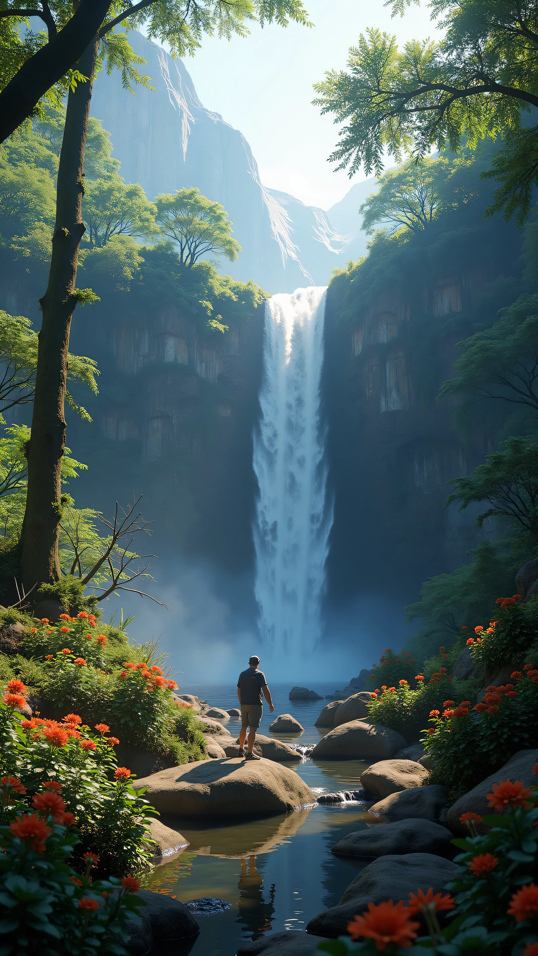  in high-definition images、Chroma V5、Bink Punk 、masterpiece、最high quality、high quality、very detailedなリアルな8k壁紙、Textured Scenery by Greg Staples、World's Most Beautiful Jungle Scenery Pictures、(Natural Scenery)、Award Winning Photos、color difference、high definition、Bloom、Photorealistic Happy Feeling、very detailed、Popular on Artstation、Popular on CGSociety、complicated、high detail、Dramatic、RTX on、Magical Sparkling Flowers、(fog)、 fantasy、waterfall