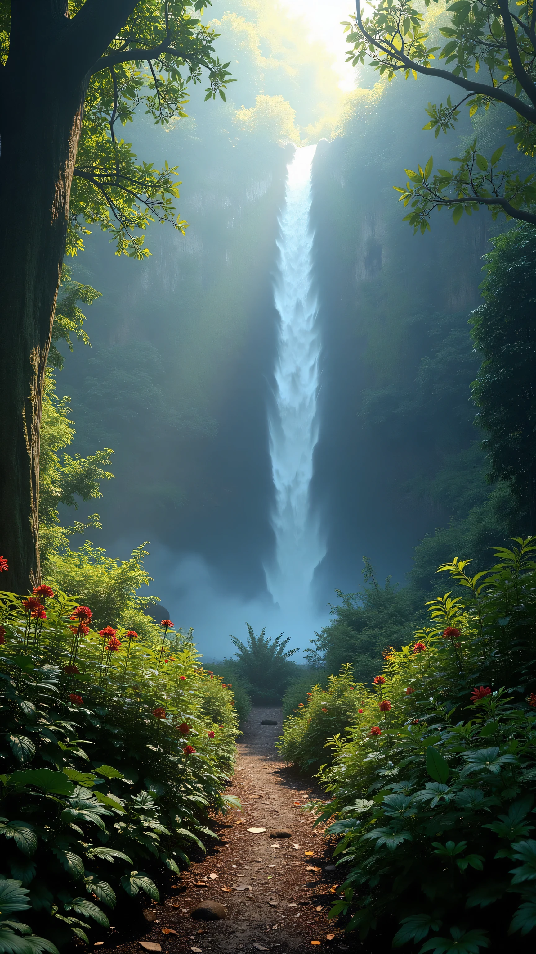  in high-definition images、Chroma V5、Bink Punk 、masterpiece、最high quality、high quality、very detailedなリアルな8k壁紙、Textured Scenery by Greg Staples、World's Most Beautiful Jungle Scenery Pictures、(Natural Scenery)、Award Winning Photos、color difference、high definition、Bloom、Photorealistic Happy Feeling、very detailed、Popular on Artstation、Popular on CGSociety、complicated、high detail、Dramatic、RTX on、Magical Sparkling Flowers、(fog)、 fantasy、waterfall