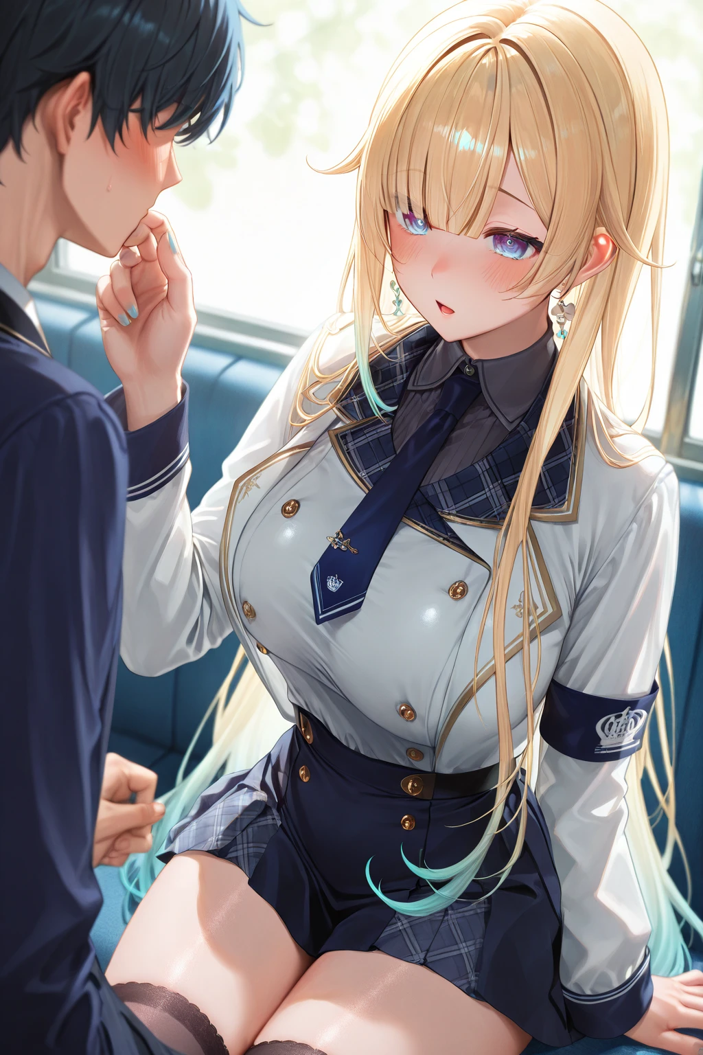 ((highest quality、High resolution、masterpiece))、Blonde、Cosplay、beautiful girl、skirt、penis、((She gives a blowjob to a boy))