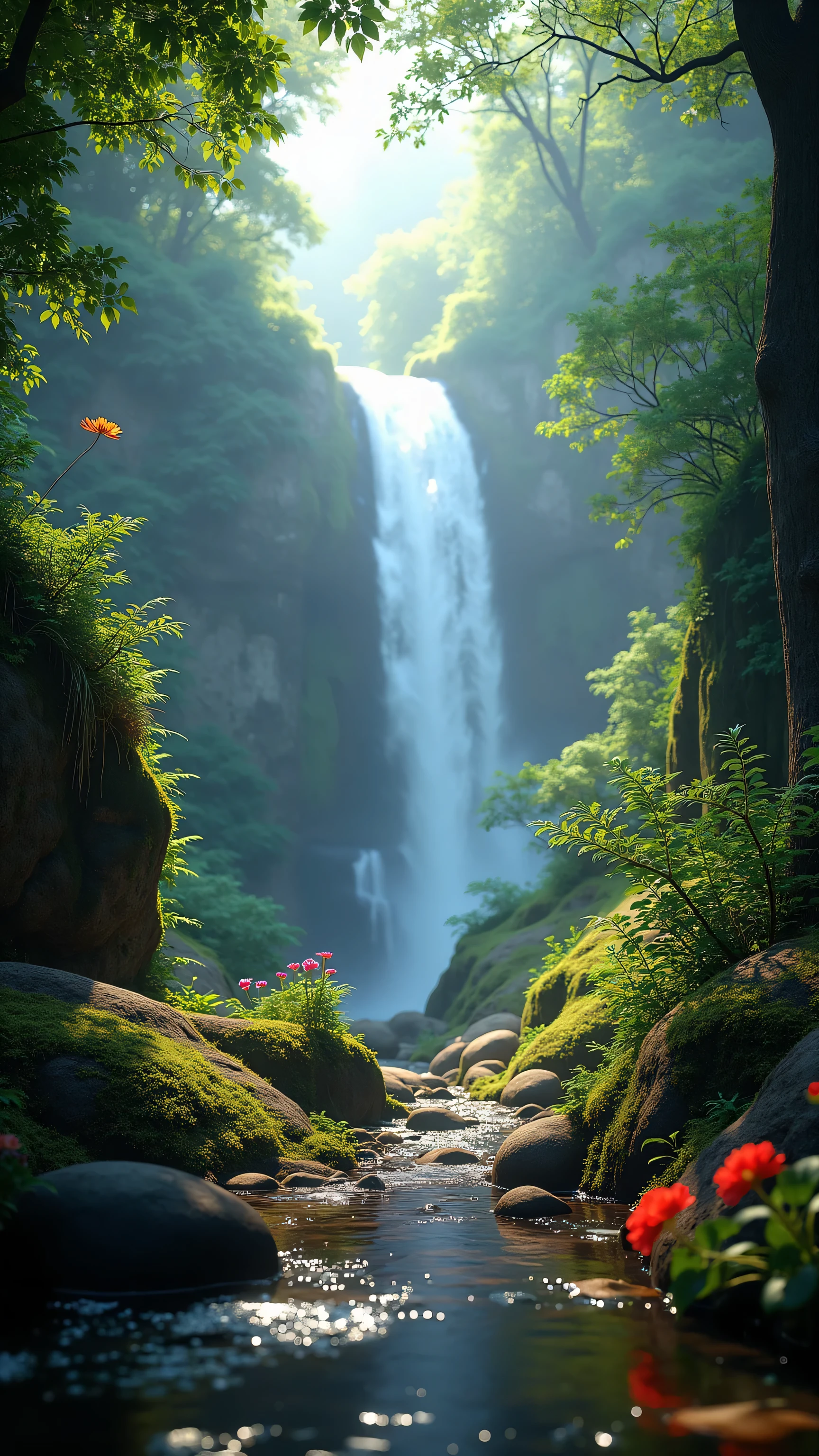  in high-definition images、Chroma V5、Bink Punk 、masterpiece、最high quality、high quality、very detailedなリアルな8k壁紙、Textured Scenery by Greg Staples、World's Most Beautiful Jungle Scenery Pictures、(Natural Scenery)、Award Winning Photos、color difference、high definition、Bloom、Photorealistic Happy Feeling、very detailed、Popular on Artstation、Popular on CGSociety、complicated、high detail、Dramatic、RTX on、Magical Sparkling Flowers、(fog)、 fantasy、waterfall