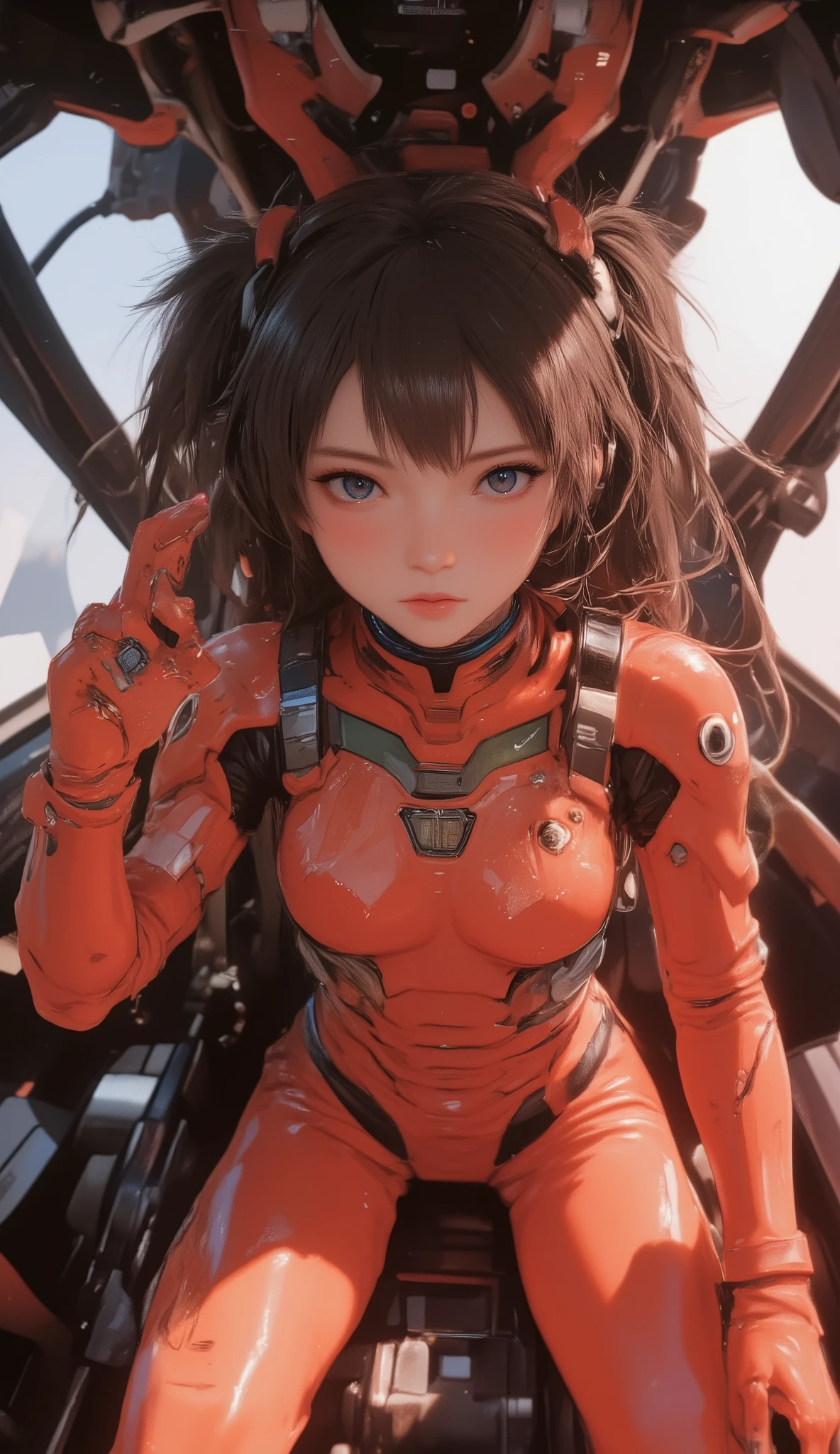 Red fluid-filled cockpit、 futuristic suit 、2、Woman、Alone、 black hair、Bob、 Princess Cut 、 long hair、viewed from above 、 headset、 robot that tracks down the pilot and、is shot from below with a wide-angle lens、Wave Fist pose 、 dynamic pose、 Move the 。