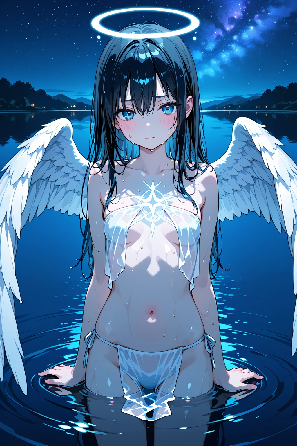 A big breasted naked beauty is in the middle of the picture, facing you and spreading her legs(The beautiful woman makes an embarrassed face)(20-year-old)(one person)