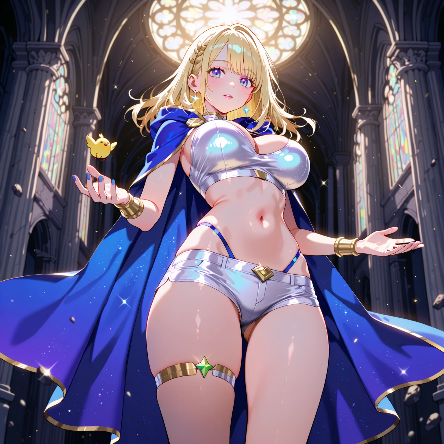 (masterpiece),(best quality),(ultra detailed),(illustration),(an extremely delicate and beautiful,(solo),(girl is supreme almighty goddess of the sky and reproduction),(giganticboobs:1.3),big ass,(curvy),4fingers and 1thumbs,boyish,(shiny hair),(short hair),((flipped hair)),(((crossed bangs))),(blonde hair),blue eyes,(shiny skin),(gold supreme goddess tiara),((golden stomach tattoo)),BREAK,(sapphire blue supreme goddess cloak),(((sapphire blue supreme goddess armor))),cleavage,stomach,(sapphire blue supreme goddess thong),(sapphire blue supreme goddess elbow gloves),(sapphire blue supreme goddess thighboots),((in the great temple of the sky))
