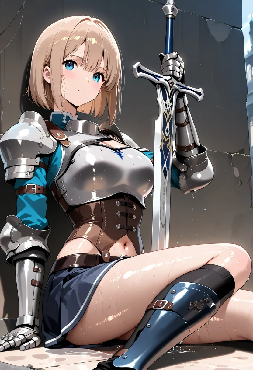 Pee all over the body、Urine、breastsout、valley、teats、the whole body is wet、1girl in, Toilet room, Sweep the urinal, kneeking, sponge, raunchy, pee, rubbish,, masterpiece, top-quality, ighly detailed、s Armor、Knights、Wearing armor、a blond、White liquid all over the body、Yogurt all over the body、blue eyess、Panties、no-bra