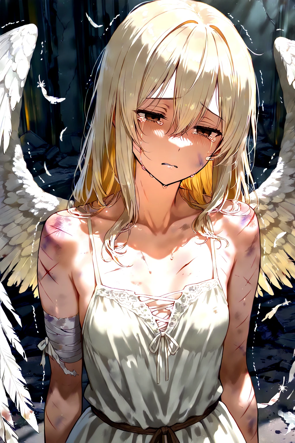 1boy, female focus, boku no hero academia, injury, White wings, masterpiece, best quality, very aesthetic, absurdres, white nightgown, blonde hair, emerald eyes