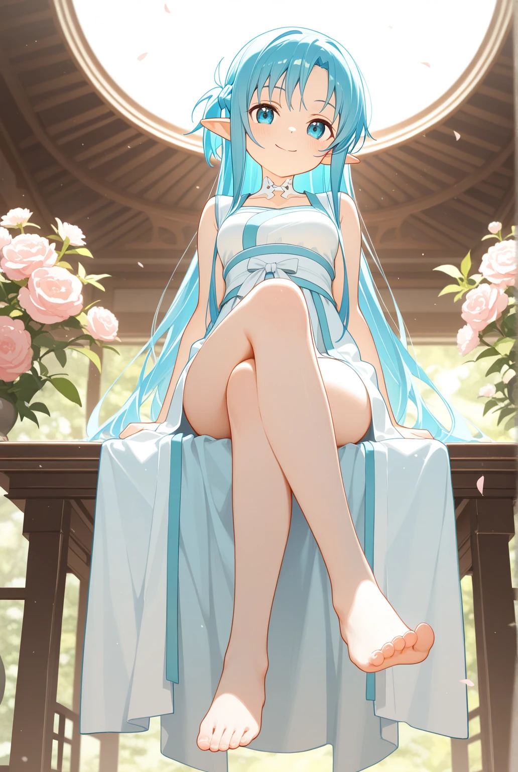 1girl, highres, masterpiece, solo, anime, yellow eyes, azura \(fire emblem\), barefeet, from behind,