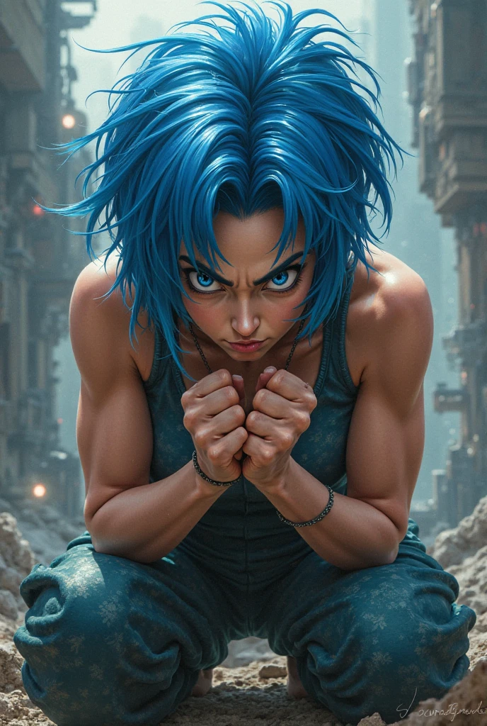 dark skin white and blue short hair  black and blue mermaid fish tail color midnight black lipstick top blue t shirt muscles sitting down on a throne