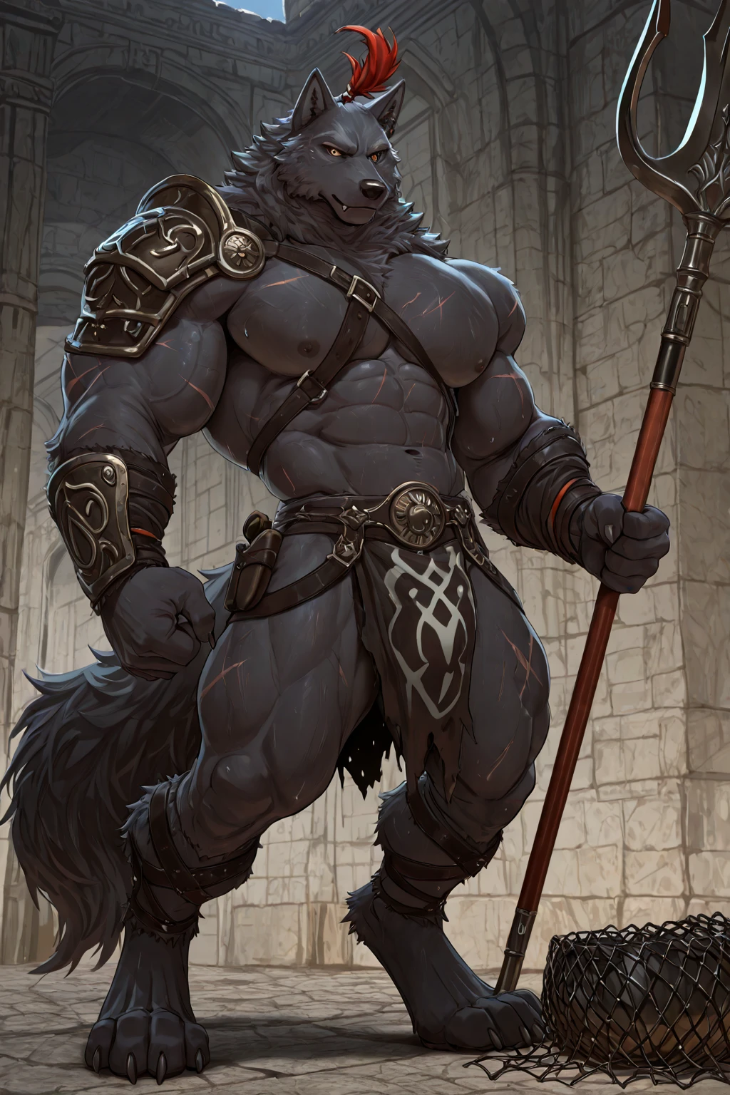 Anthro male black wolf knight holding a two-handed greatsword, alone, arrogant expression, masterpiece, Best Art, whole body, by violinist taran, detailed eyes, detailed body, claws, high, top-less, Pecs, ABS, Nipples, shoulder pads, squatting posture