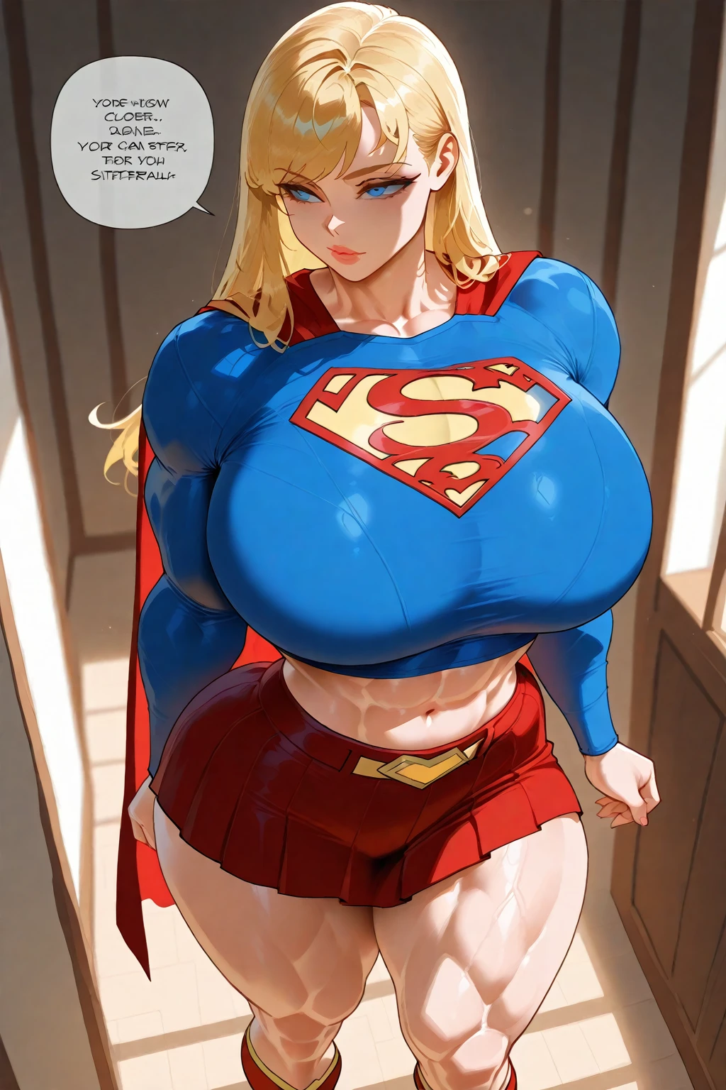 masterpiece, 8k, high quality, highly detailed, detailed face, HDR, vivid colors, natural lighting, Best Shadows, Shallow Depth of Field, Portrait of (Supergirl:1.1) standing on a rooftop, shy smile, youthful face, hands behind back, red skirt, red cape, red boots with heels, huge breasts, gigantic breasts, (1girl with Huge breasts:1.8), clothes stretched by huge breasts, underboob powerful muscular body, bodybuilder, gigantic muscles, huge biceps, strong shoulders, Strong leg muscles ((body builder:1.5)), alluring blue eyes, blonde, (Superman symbol on chest:1.2), bare legs, six pack abs, blue sky, sunlight, clouds, sun, bloom,