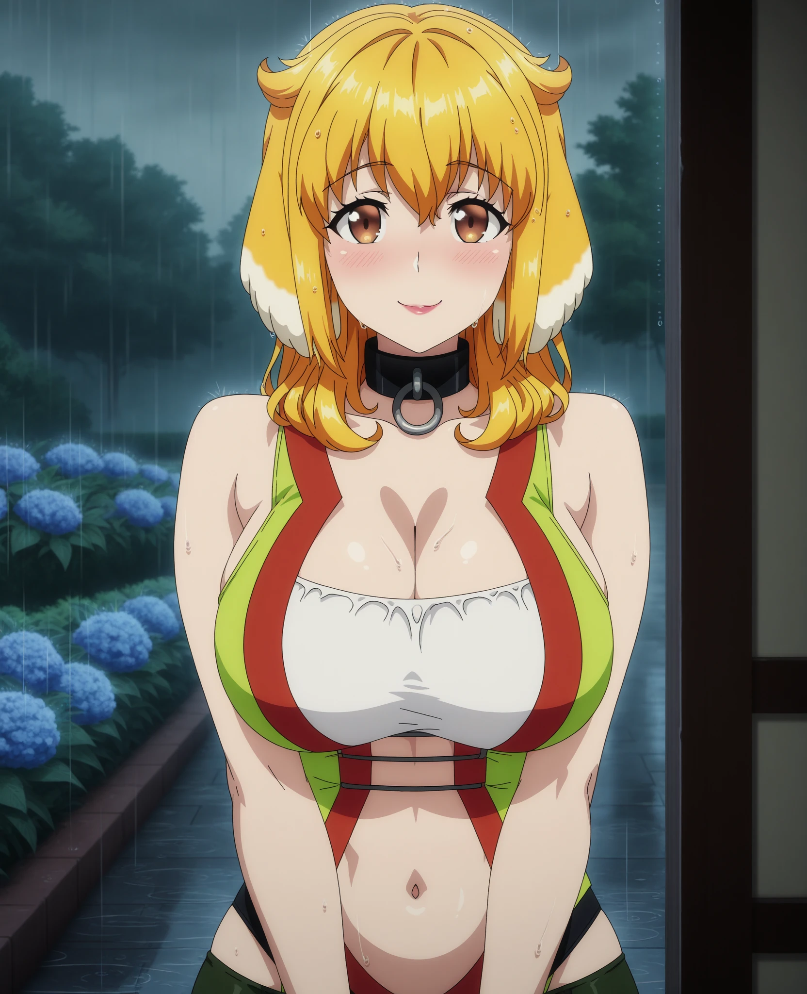 best image quality、high quality、girl,urusei yatsura cosplay、Tiger Print Bra、tiger print shorts、Tiger Print Clothing、devil's horns、Sexy Cosplay,blue skyに浮かぶ、(((空を飛ぶgirl)))、Body floating in the air、View from the air、blue sky、glare of the sun, strong wind ,(Laughter:1.1), , (wide open eyes:1.2)、Bokeh, written boundary depth, blurred background, Senzoku Nishikigi、Blonde short bob、red eyes