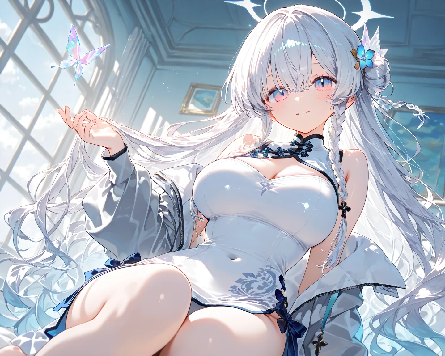 Official fine art,tmasterpiece,Sharp focus,(Beautiful gorgeous lovely Korean women:1.3),(beautiful lovely Korean people:1.3),South Korean beauties,Delicate and beautiful hair and eyes and face,realisticlying,ultra - detailed,a beauty girl,Glowing white particles,(side-lighting:1.2),Slender,Cute big breasts and big buttocks,Toothy laughter,((Laugh and open your eyes)),scenecy,Long straight hair, sexy facial expression, Dynamic hair, Long straight hair, Delicate platinum blue hair, glow blue eyes, (blue pleated shirt+white skirt), Long white socks, paleskin, hair adornments, Official fine art,tmasterpiece,Sharp focus,(best qualtiy, 8K, tmasterpiece:1.3,Delicate and beautiful hair and eyes and face,realisticlying,ultra - detailed,a beauty girl, Focus:1.2, Perfect figure to sit on the bed:1.4,White shirt,a black pleated skirt,Raise your legs high,White knee-length socks,legs are open,Foot elevation,Realistic details,Black color hair,female high-school student,Lori huge breasts cleavage,pantyless,The lower body is visible,Long legs