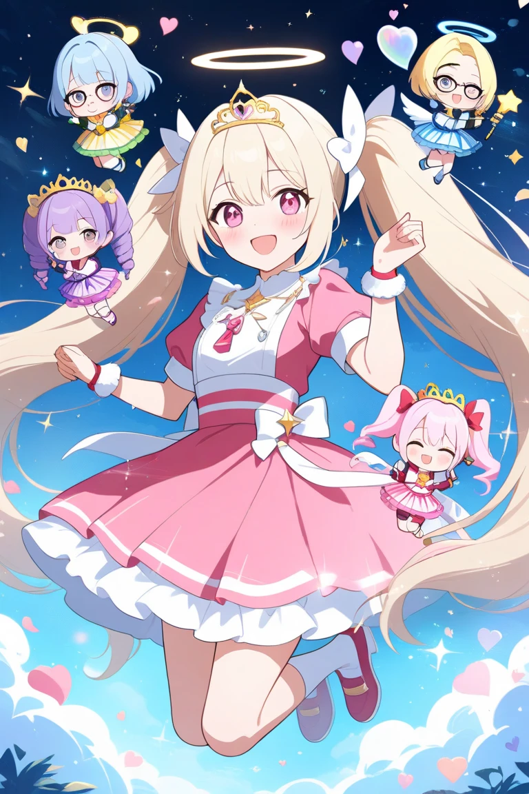 (best quality, masterpiece, highres:1.2), detailed, 90s Cartoons, Magical girls, cute mascots, colorful costumes, walking sticks, hearts and flowers soar in the background,