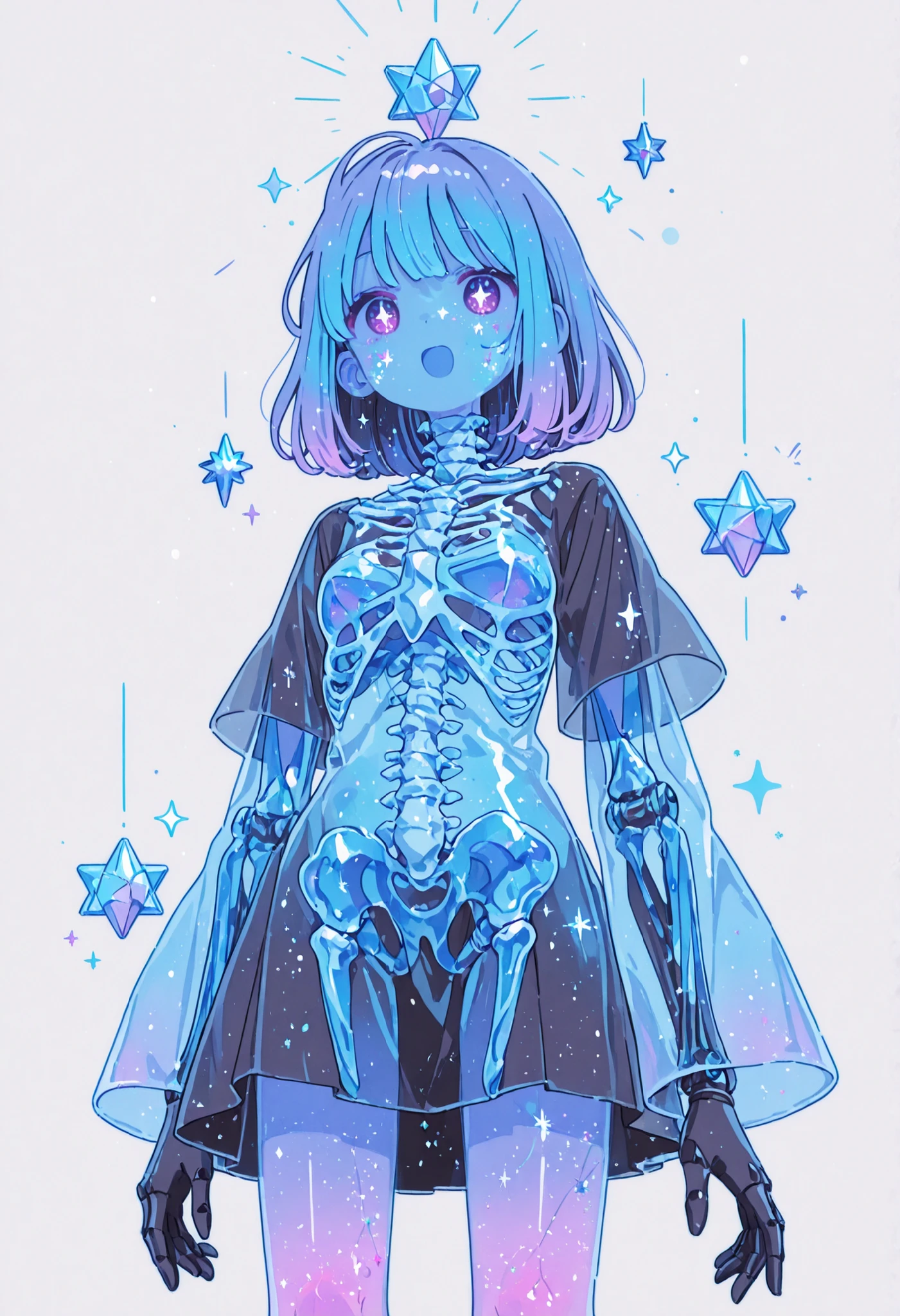 score_9, score_8_up, score_7_up,source_anime, BREAK, <lora:TranslucentVisibility_pony:0.8>,
TranslucentVisibility,score_9,1girl,solo,long hair,looking at viewer,blush,open mouth,blue eyes,simple background,blue hair,standing,full body,grey background,colored skin,monster girl,blue theme,blue skin,skeleton,slime girl