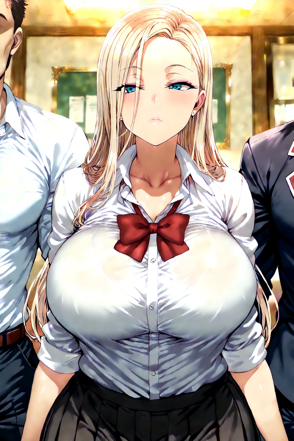 , quality, highres, 1girl, focus, (huge breasts:1.2), , kitagawa marin, , blonde hair,, ear piercing, bag, piercing, pink eyes, gyaru ,black choker, earrings, , red eyes , bangs, multicolored hair , makeup, gradient hair, , wide hips , milf body , portrait couple grabbing breasts (bedroom), young woman smile, large breasts, nipples, ((((1boy:grabbing from behind, grab another's breast , boy's hand on breasts , grab_breast))))