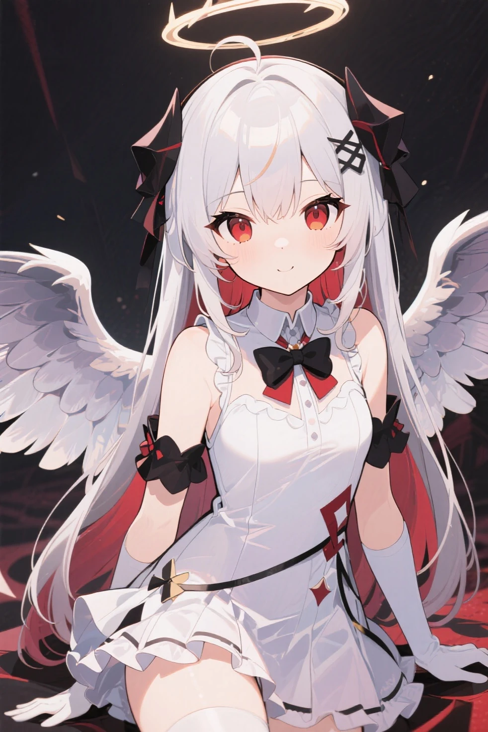 White hair, twin tails, fair skin, solo,  Red eyes, horns, angel wings