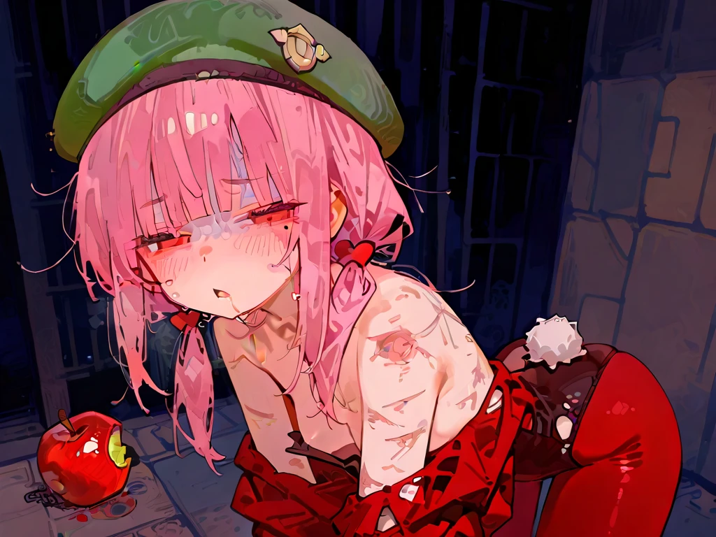 Loli (dark skin, pink hair, red eyes), sex, tongue out, tiny, bulging stomach, creampie, cum, twitching