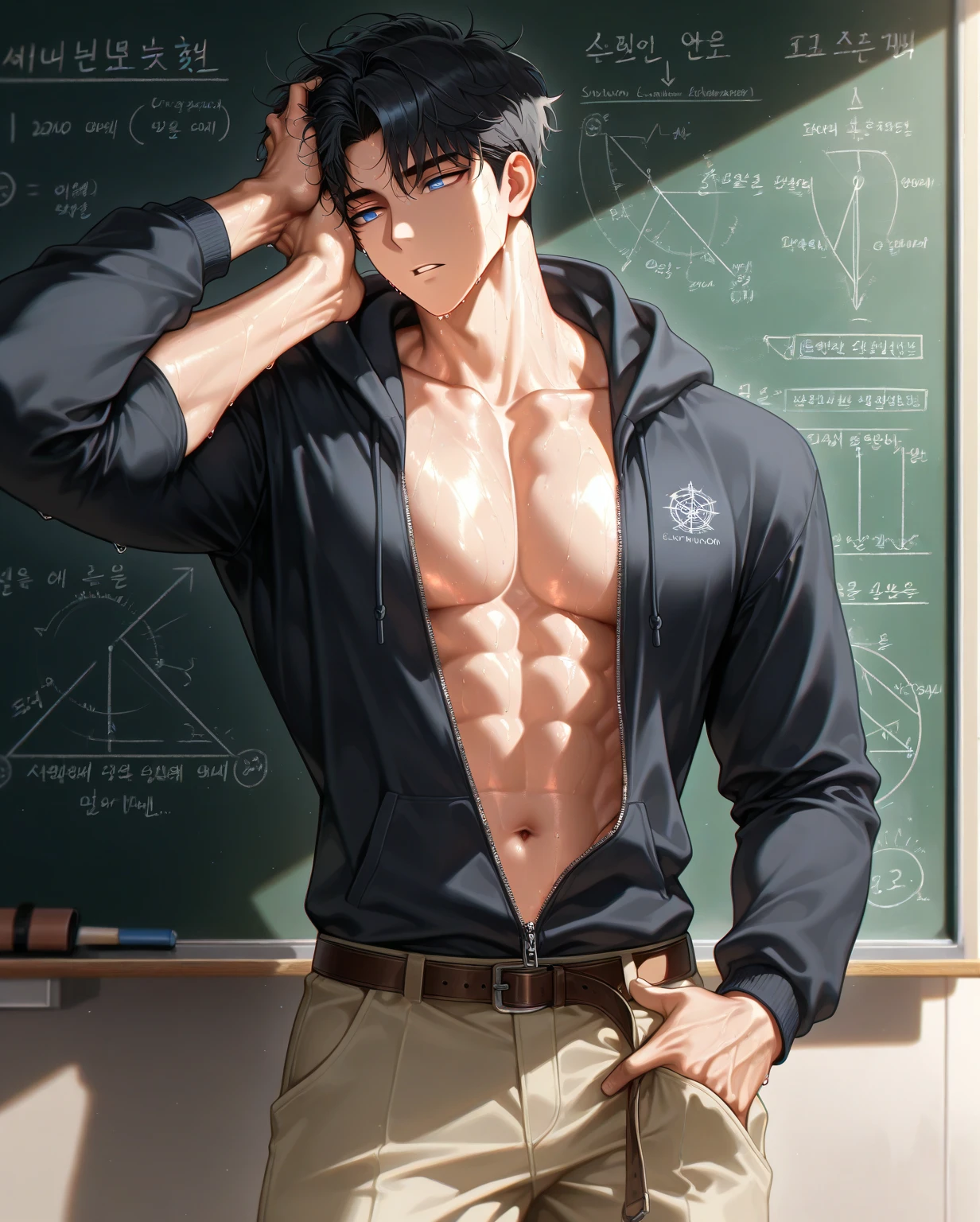 best quality, masterpiece, extremely detailed, handsome young man, skinny build, messy curtain bangs, thick-rimmed glasses, cute preppy college uniform, standing in front of classroom, mathematical equations on blackboard in the background, topless, arms cover his chest, embarrassed expression, gay, homoerotic, romantic atmosphere, ambient lighting, extremely dramatic shadows, perfection, no watermark, no logo, no signature