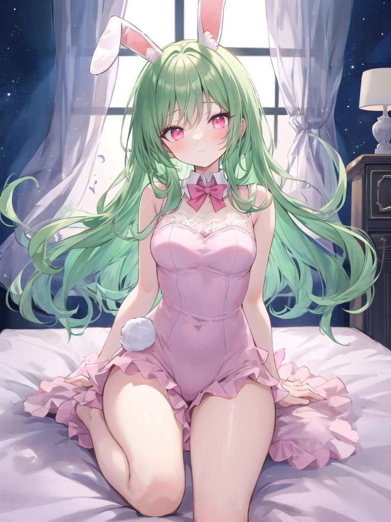 score_9, score_8_up, score_7_up, score_6_up, score_5_up, score_4_up, source_anime, 1girl, sit, bed, green hair, long hair, pink eyes, smile, clean hair, unicorn costume, white thigh high boots, heels, day, dungeon, best quality, best res, 4K UHD,
 