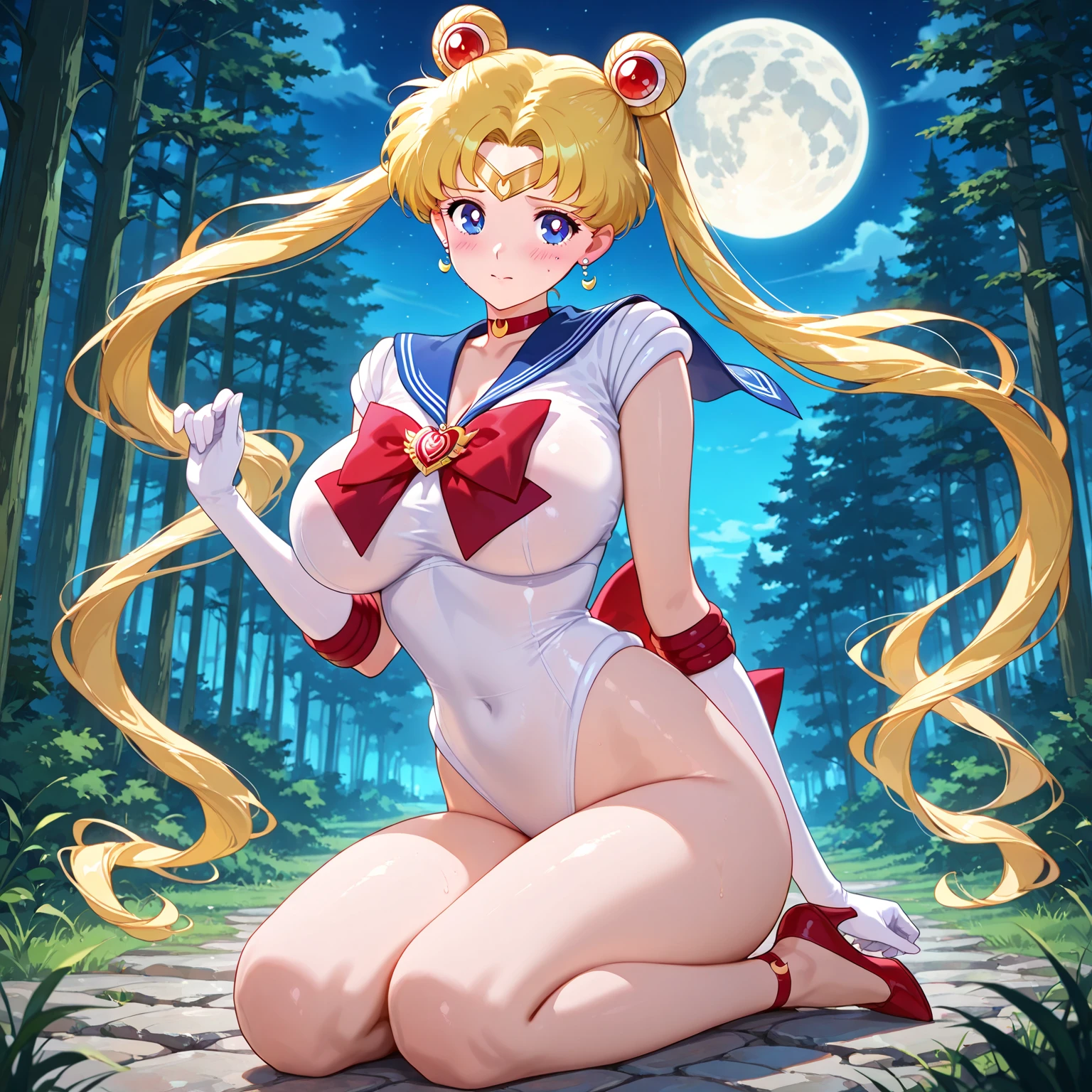Sailor moon, (masterpiece), blonde hair, blue eyes, expressive eyes, beautiful woman, long hair, pink bra, cleavage, round breasts, moon tiara, white panties, round buttocks, blue boots