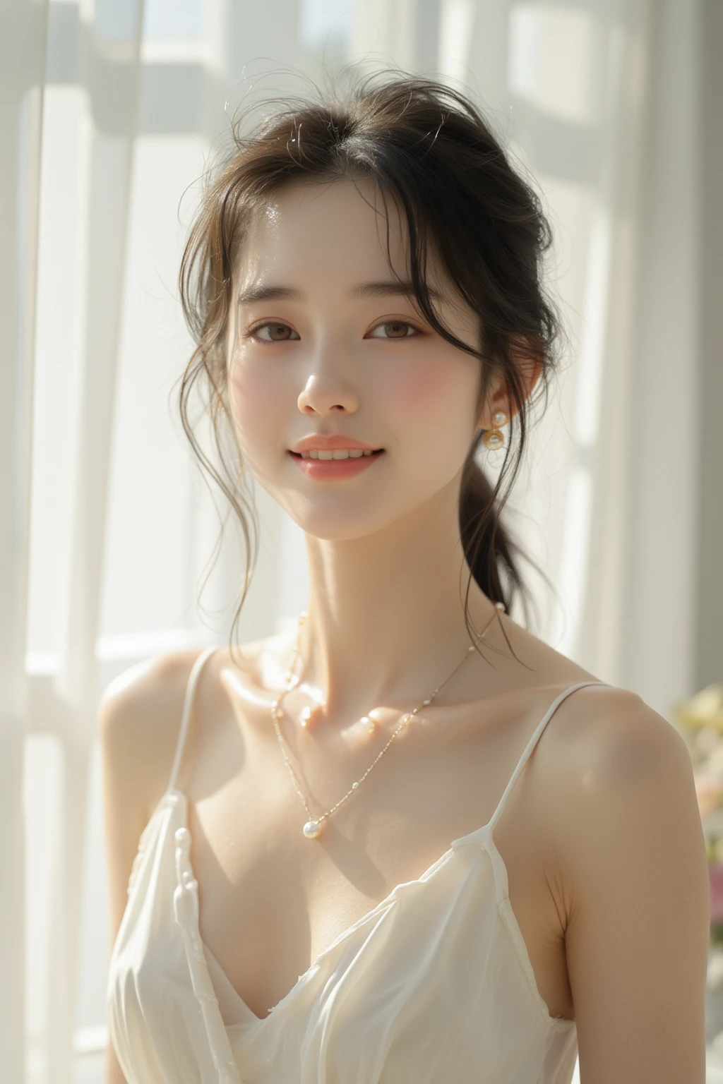 (8k, RAW photos, top quality, masterpiece: 1.2), ultra detailed, super resolution, (real, real photos: 1.37), portraits, high definition RAW color photos, professional photos, very detailed and beautiful, highly detailed, 8k wallpapers, amazing details, huge file size, official art, highly detailed CG Unity 8k wallpapers, highly detailed beautiful girls, highly detailed facesHighly detailed eyes, highly detailed skin, highly detailed fingers, highly detailed nose, highly detailed detailed mouth, perfect anatomy, detailed background, detailed clothes, one girl, (20:1.2), 20s, cute girl, realistic body, petite, white skin, radiant skin, slim body, handsome body, black hair, short hair, (dull bangs: 1.2), smile, cute, youthful, pretty face, Realistic face, Delicate eyes, Sauce eyes, Lingerie, See-through, Earrings, Camera gaze, Cowboy shot, Front facing, Standing posture, Contrapposto, Dynamic lighting, Super big, Cowboy shot, Cute underwear