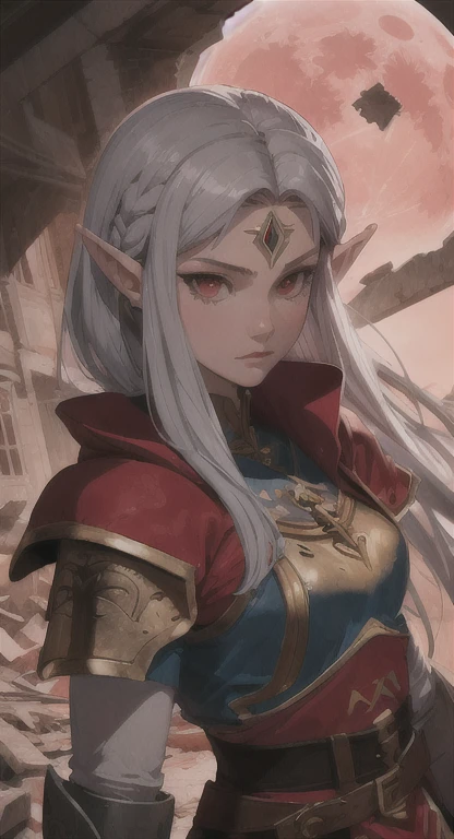 Frieren, white hair, elf ears, green eyes, ((Indian outfit, saree, red dress)), flat 