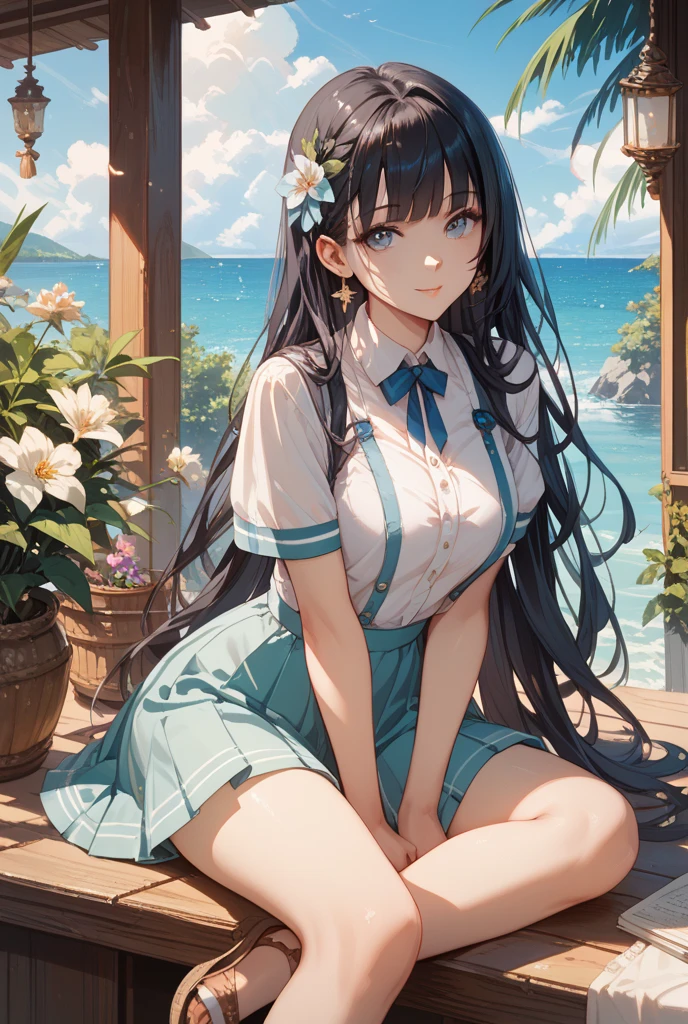 (masterpiece,Highest Quality),(child),((Plaid one piece)),(A dark-haired,long twintail),sleepy expression,Delicate body,The wind is blowing