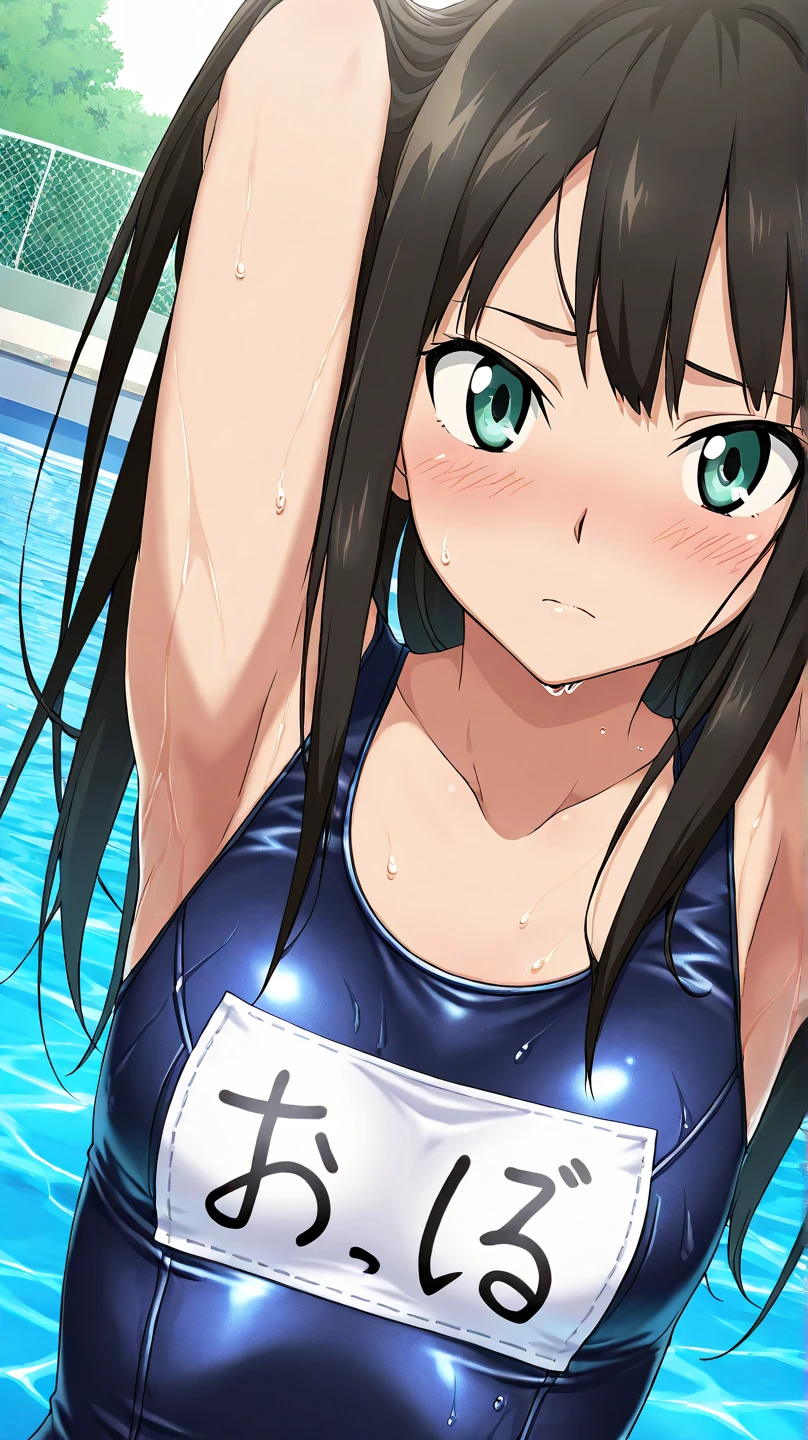  (High resolution:1.4), (masutepiece:1.2), (High quality:1.3) 1girl, saten ruiko, green eyes, long hair, black hair, small breast, swimsuit, cleavage, leaning forward, looking away, cowboy shot, poolside, sweat, oya, cinematic lighting,  