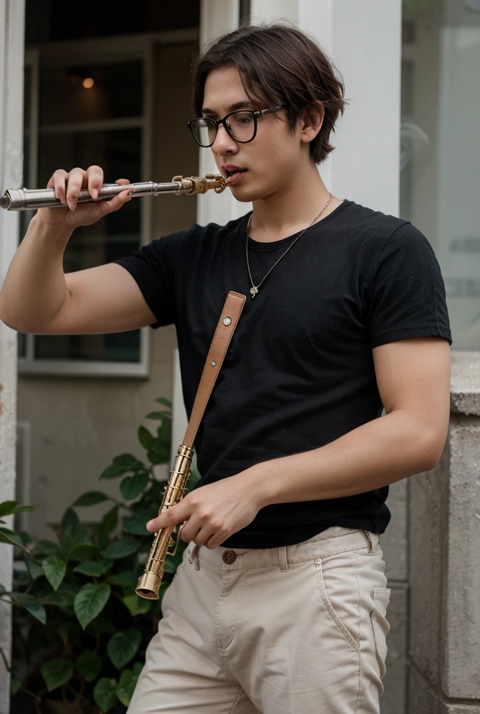Anime man with brown hair and eyes, White skin,with a cross dangle earring, with round black frame glasses, with a white shirt and a black sweatshirt, playing a large transverse flute 