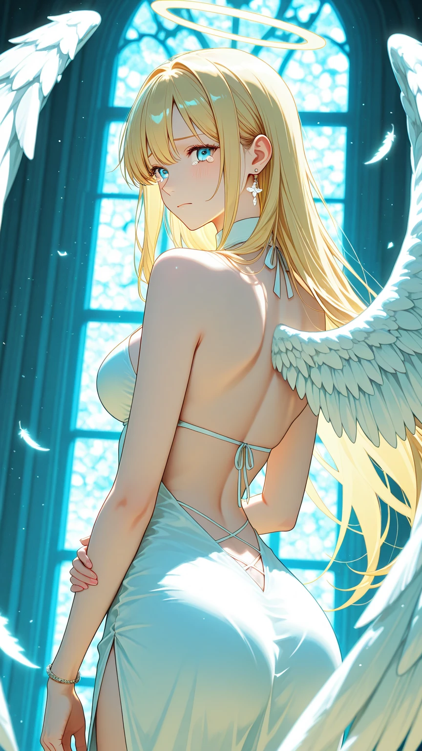 angel, アニメ, Girl, blondes, Bust Big, white dress transparent blue eyes, halo, sexly, breasts big 
