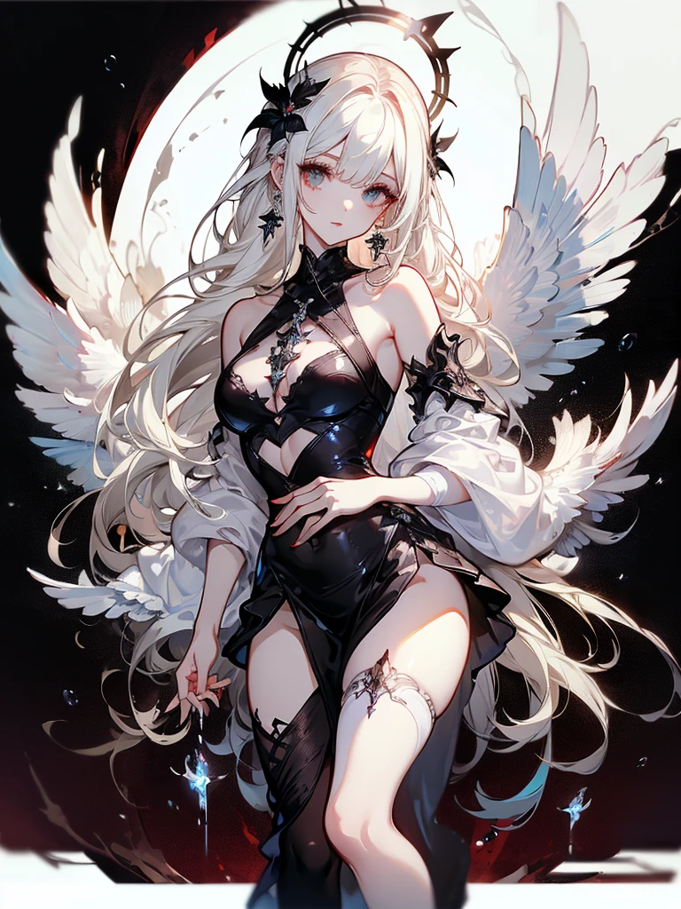 ((best quality)), ((masterpiece)), (detailed), 1girl, Character design, female, dynamic poses, long white grey hair, grey white eyes, very skinny, detailed, best quality, no accesoires around the neck, no shoes, prominent collarbones, skinny arms, flat stomach, visible hip bones, full body, blank white background, plain background, white background, red and white clothing, Bloodborne inspired, occult aesthetic, occult, detailed and intricate steampunk and detailed gothic, NSFW, Very dramatic and cinematic lighting, cosmic horror, grim-dark, side-lighting, perfect face, NSFW, Fluttering lace flared long knee length dress with frilly petticoats, knee length dress, pleated petticoats, petticoats gothic, complex lace boots, side-lighting, gothic aesthetic, wielding a mighty sword with mechanical components, mandalas, small breasts, a fairy, various different types of insect wings, NSFW, full body, whole body, body, plain background, white background, blank background, no background, white background NSFW, chains, full body, whole body, head-to-toe NSFW