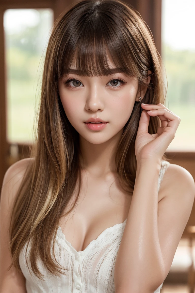 Tabletop, highest quality, Realistic, Very detailed, In detail, High resolution, 8k wallpaper, One beautiful woman,, Light brown messy hair, Wearing white see-through lingerie, Sharp focus, Perfect dynamic composition, Beautiful fine details, Fine hair, Detailed and realistic skin texture, smile, Close-up portrait, Model Body Type,whole body