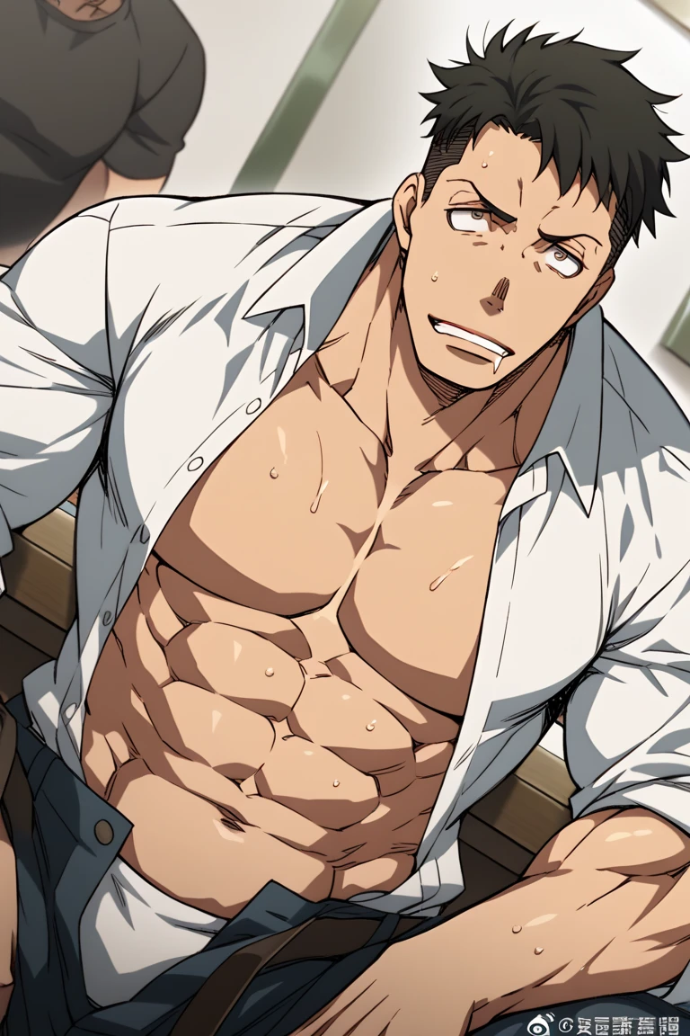 Kiritsugu is sitting and flexing his buff biceps and thighs. He wears black short boxershorts. You can see his thighs. He is shirtless. He is showing his abs too. He is admiring his arms.