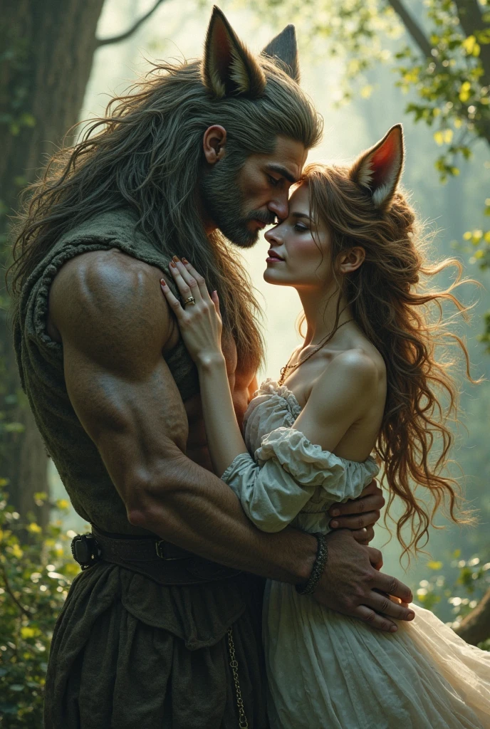 A handsome, thin young man with long beige hair down to his knees. He is bare-chested and tanned.. Legs are fluffy, covered with brown fur, all fur, he is still a faun or a satyr. He is very young.. Looks only . Facial features are masculine, Asian. He is thin built.. He has a red heart pendant on his chest. He is being embraced by a woman in a bright blue floor-length tunic.. The woman has black braids down to the ground. On the head is a translucent veil reaching to the floor. The woman's eyes are green. There is a brown belt on the tunic. Shoes women brown greek sandals. Woman smiling. She has tanned skin and a pink blush on her face..