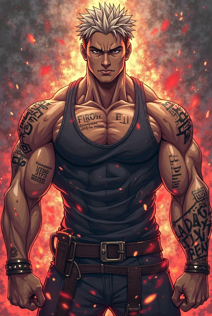 (Create a masterpiece: 1.2),(CGI art:1.3),(realistic:1.5),(After processing:1.3),(Sharp focus:1.3), (man Fight, join in battle:1.5 ),sunglass, straight, front ,Chris Redfield ,(black hair), smile open mouth, (Wear color navy round neck T-shirt: 1.5), (with a Police badge: 1.2), navy cargo, (Torn shirt:1.6), (wound: 1.3) , (blood splatters) ,( abrasions on face: 1.5), (Blood stains on the face and body: 1.4), Korean guy , korean men, (High gloss details), chest muscles, large arm muscles, blood vessel, Big muscles, Broad shoulders, looking at the audience, Balancing the eyes, middle of the road,(Fire blazes behind) ,(open mouth:1.6)