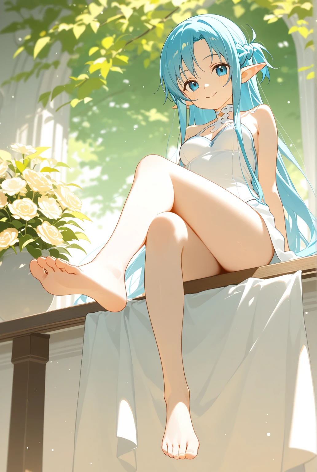 (masterpiece), (best quality),1girl, solo, long hair, looking at viewer, blush, bangs, blue eyes, hair ornament, dress, ribbon, bare shoulders, sitting, very long hair, collarbone, full body, hair ribbon, flower, white hair, parted lips, barefoot, indoors, hair flower, water, off shoulder, nail polish, white dress, feet, aqua eyes, legs, bare legs, toes, halterneck, plant, white flower, blue ribbon, knees up, toenails, stairs, off-shoulder dress, criss-cross halter