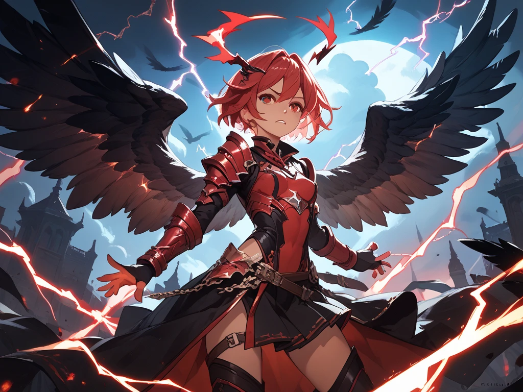 Create an ultra-detailed, high-resolution CG image of a Pyrae character, a member of a race of humanoid beings with fiery hair and feathered wings tipped with flames. The Pyrae should have a fierce and passionate expression, with fiery red or orange hair flowing like flames. Their skin should have a warm, golden hue, and their eyes should glow like burning embers. The character should be depicted with large, majestic wings that have feathers radiating fire at the tips.
They should be wearing armor that is both functional and ornate, reflecting their role as both spiritual leaders and warriors. The armor should have intricate patterns and glowing ember-like details. The background should depict a volcanic landscape with molten lava flows and fiery skies, emphasizing their connection to fire and their volcanic homeland.
The scene should capture a sense of dynamic motion and power, with the Pyrae character either in mid-flight or poised ready to take off, surrounded by swirling flames and sparks. The image should convey a mystical and intense atmosphere, highlighting the Pyrae's elemental affinity with fire and their regal, fierce nature.