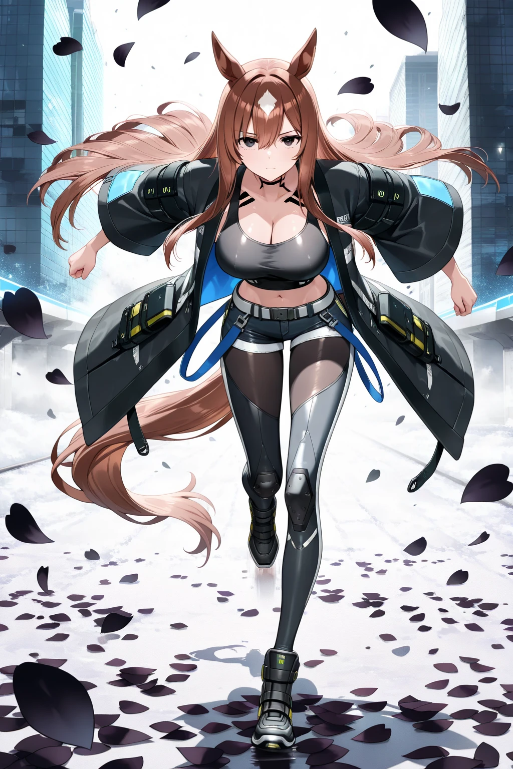 full body reference, fullbody shot, zoom out, female character with chocolate brown skin and ginger red hair, she has long wavy hair that is ginger red, she has grey colored eyes, she looks mature and older, she is wearing a cyberpunk skirt with thigh high stockings, she is also wearing a crop top and cleavage, she is wearing a thong underneath the skirt, she is a fur lined jacket, sleeves she is wearing silver jewelry, she has brown skin, deep brown skin, cyberpunk aesthetic, cyberpunk, techware, skirt, fashion, lots of straps on the outfit, futuristic outfit, sexy, female cyberpunk anime black girl, cyberpunk 3 0 y. o model girl