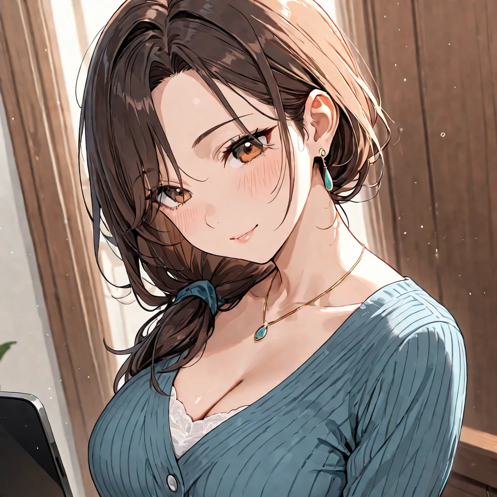 (masterpiece, best quality), score_9, score_8_up, score_7_up, 4K, source_anime, BREAK, Brunette hair, long hair, updo hair, blue piercing eye, smooth skin, medium breasts, off shoulder, thanks top, tall girl, looking at viewer, light smirk