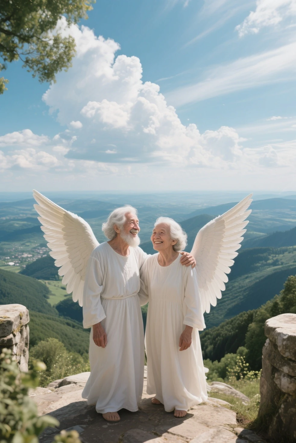 Pixar style image of an 11 year old girl hugging her 80 year old grandfather tightly with angel wings and glasses