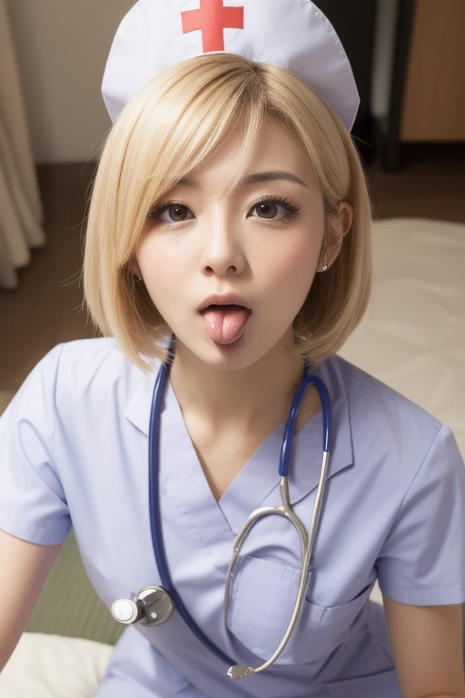 (Hi-Res、Super Detail、Ultra-delicate image quality、超A high resolution、A hyper-realistic、ＨＤＲ)、pov、Shot from the chest up、((The photographer's penis is sandwiched between the breasts and licking )) 、The photographer's penis is covered with white sperm、((Close up of chest and face sandwiching penis during ejaculation))、Ejaculated sperm sticks to the face、Looking at the camera、The photographer's penis is ejaculating、Licking around sperm、Keep your penis off your tongue、slenderbody、long and thin legs、on the beds、Nurse uniform with full breasts、shiny blonde hair、pink areola has a hard and long protrusion in the middle,、Applying full-body lotion、large amount of sweat、shiny white skin、small tits、The best smile