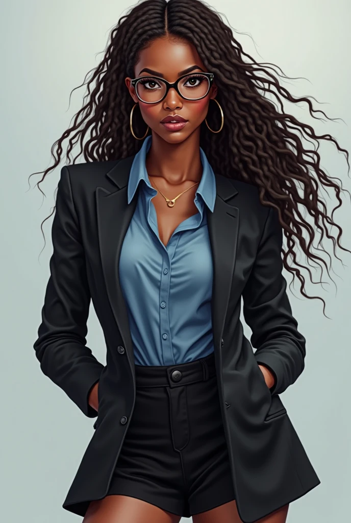 Drawing of a black Brazilian woman, with curly hair past the shoulder, wearing glasses, dressed as a lawyer, white background.