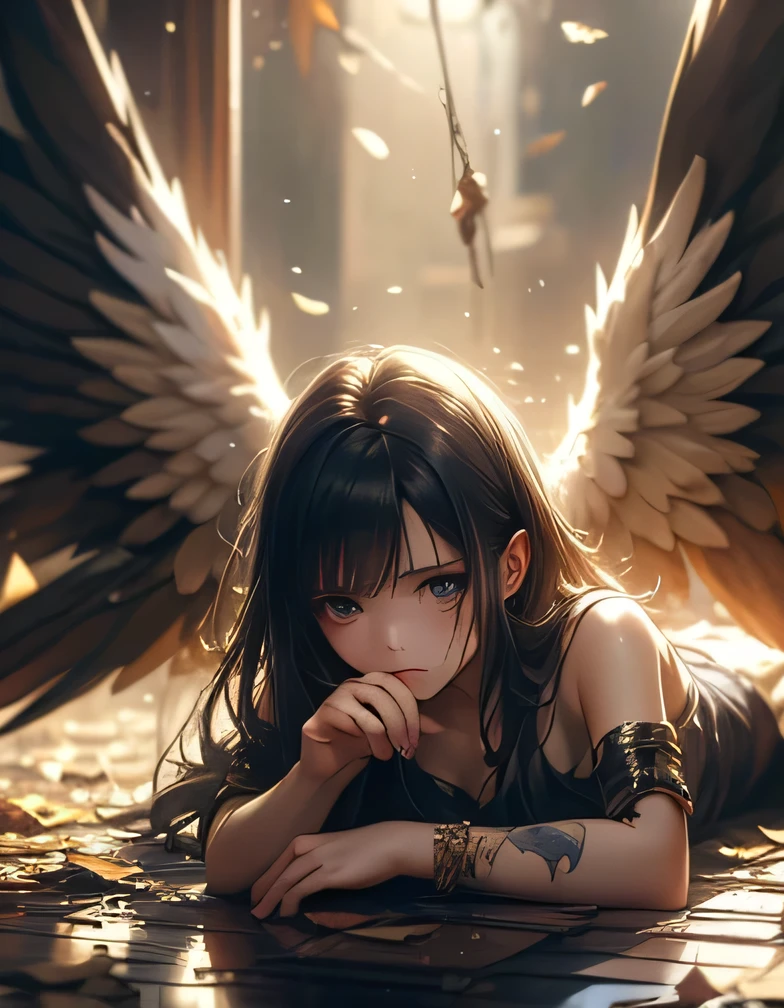 （（（ＳＦＷ、Highest quality、First Class Masterpiece、normal body 、32k、detailed face、super precise、Normal Hand、5 fingers、Highest）））、damage、Angel with Winged Wings、torn battered wings、Wounded Angel 、dying、Destroyed、Crash 、Plight、hardships、suffering、Fallen Angel、Darkness Fallen、Falling to the ground