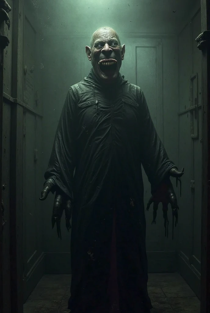 A humanoid monster made of candy runs to the camera, Perspectives, The monster is in an abandoned and dirty corridor, There were several people lying on the floor of the corridor, Horror movie style, Camera DSLR camera, A high resolution, 4K