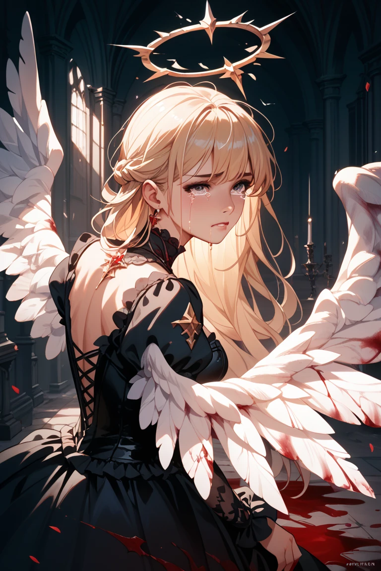 Sweating, angel, halo, midnight, town, dress, blood everywhere, angel covered in blood, looking at viewer pissed, side view,